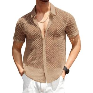 imageRuncati Mens Button Down Knit Shirt Short Sleeve Crochet Shirts Casual Hollow Out Summer Beach Vacation TopsBrown