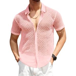 imageRuncati Mens Button Down Knit Shirt Short Sleeve Crochet Shirts Casual Hollow Out Summer Beach Vacation TopsPink