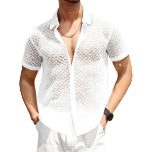 imageRuncati Mens Button Down Knit Shirt Short Sleeve Crochet Shirts Casual Hollow Out Summer Beach Vacation TopsWhite
