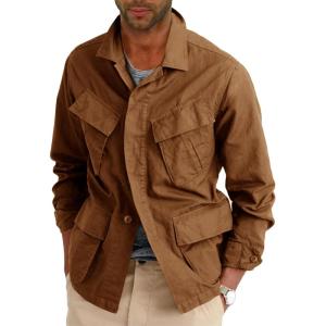 imageRuncati Mens Lightweight Safari Jacket Button Up Cotton Outdoor Military Cargo Long Sleeve OutwearBrown