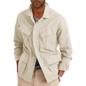 imageRuncati Mens Lightweight Safari Jacket Button Up Cotton Outdoor Military Cargo Long Sleeve OutwearKhaki