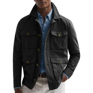 imageRuncati Mens Lightweight Safari Jacket Casual Button Up Jacket Windproof Work Coat with PocketsBlack