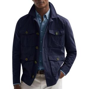 imageRuncati Mens Lightweight Safari Jacket Casual Button Up Jacket Windproof Work Coat with PocketsNavy Blue