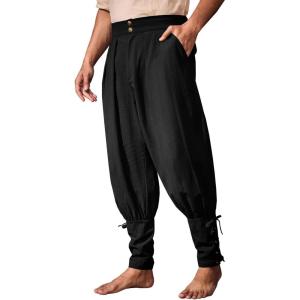 imageRuncati Mens Medieval Ankle Pants Renaissance Viking Pirate Pants Lace Up Cotton Tapered Halloween Costume TrousersBlack