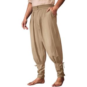 imageRuncati Mens Medieval Ankle Pants Renaissance Viking Pirate Pants Lace Up Cotton Tapered Halloween Costume TrousersKhaki