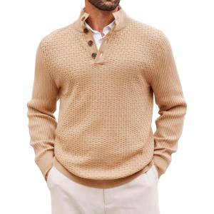 imageRuncati Mens Stand Collar Pullover Sweater Waffle Knitted Quarter Button Casual Ribbed Henley SweatersKhaki