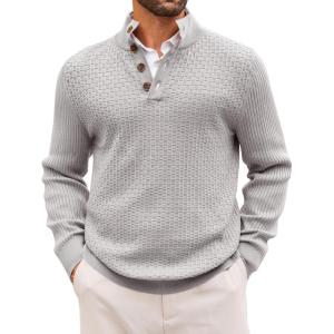 imageRuncati Mens Stand Collar Pullover Sweater Waffle Knitted Quarter Button Casual Ribbed Henley SweatersLight Grey