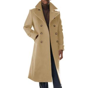 imageRuncati Mens Trench Coat Notch Lapel Slim Fit Double Breasted Wool Blend Long Pea Coat Winter Warm OvercoatKhaki