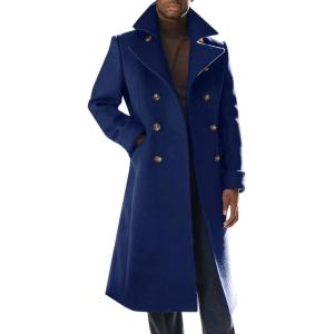imageRuncati Mens Trench Coat Notch Lapel Slim Fit Double Breasted Wool Blend Long Pea Coat Winter Warm OvercoatNavy