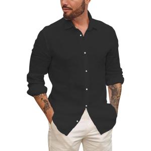 imageMens Button Up Shirts Long Sleeve Linen Beach Casual Cotton Summer Lightweight Tops1 Black