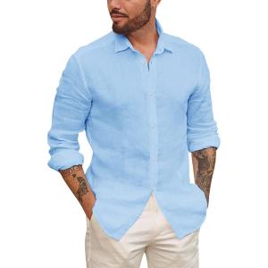 imageMens Button Up Shirts Long Sleeve Linen Beach Casual Cotton Summer Lightweight Tops1 Blue