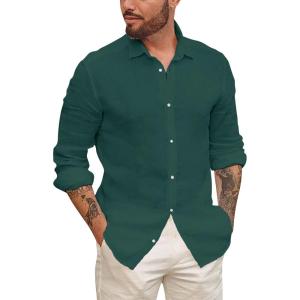 imageMens Button Up Shirts Long Sleeve Linen Beach Casual Cotton Summer Lightweight Tops1 Green