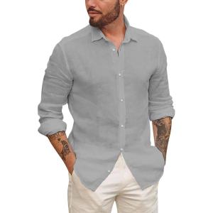 imageMens Button Up Shirts Long Sleeve Linen Beach Casual Cotton Summer Lightweight Tops1 Grey