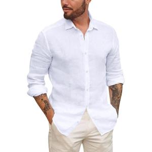 imageMens Button Up Shirts Long Sleeve Linen Beach Casual Cotton Summer Lightweight Tops1 White