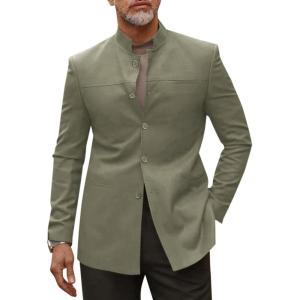 imageRuncati Mens Casual Suit Blazer Jacket Mandarin Collar Single Breasted Sport Coat Business Dress CoatArmy Green