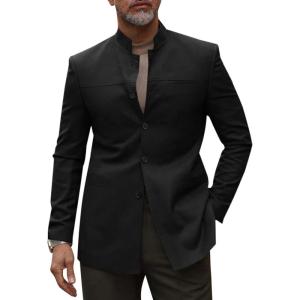 imageRuncati Mens Casual Suit Blazer Jacket Mandarin Collar Single Breasted Sport Coat Business Dress CoatBlack