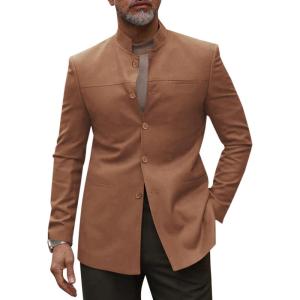 imageRuncati Mens Casual Suit Blazer Jacket Mandarin Collar Single Breasted Sport Coat Business Dress CoatBrown