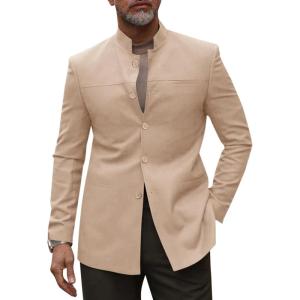 imageRuncati Mens Casual Suit Blazer Jacket Mandarin Collar Single Breasted Sport Coat Business Dress CoatKhaki