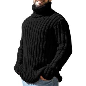 imageMens Sweaters Turtleneck Cable Knitted Pullover Long Sleeve Slim Fit Chunky Casual Fall Winter Warm CardigansBlack