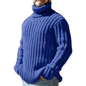 imageMens Sweaters Turtleneck Cable Knitted Pullover Long Sleeve Slim Fit Chunky Casual Fall Winter Warm CardigansBlue
