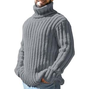 imageMens Sweaters Turtleneck Cable Knitted Pullover Long Sleeve Slim Fit Chunky Casual Fall Winter Warm CardigansDark Gray