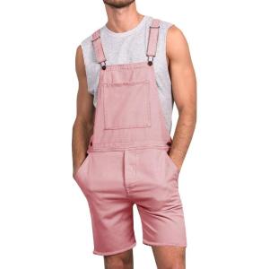 imageRuncati Mens Casual Bib Overall Shorts Lightweight Cotton Loose Fit Denim Jumpersuit Walkshort Pockets RompersPink