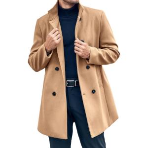 imageRuncati Mens Mid Long Trench Coat Winter Double Breasted Pea Coat Casual Business Warm OvercoatKhaki