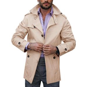 imageRuncati Mens Trench Coat Single Breasted Mid Length Slim Fit Notch Lapel Windbreaker JacketsBeige