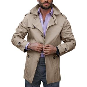 imageRuncati Mens Trench Coat Single Breasted Mid Length Slim Fit Notch Lapel Windbreaker JacketsKhaki