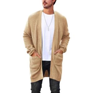 imageRuncati Mens Cardigan Sweater Casual Cable Knit V Neck Open Front Ribbed Long Winter SweatersKhaki
