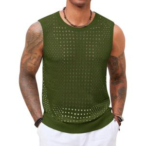 imageRuncati Mens Knit Sleeveless Tank Tops Casual Hollow Out T Shirts Beach Summer See Through TopsArmy Green