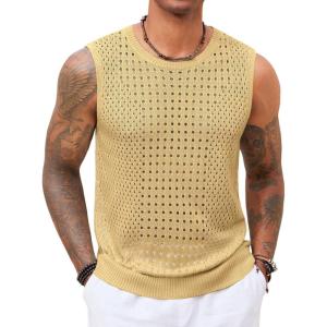 imageRuncati Mens Knit Sleeveless Tank Tops Casual Hollow Out T Shirts Beach Summer See Through TopsKhaki