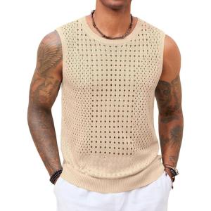 imageRuncati Mens Knit Sleeveless Tank Tops Casual Hollow Out T Shirts Beach Summer See Through TopsLight Khaki