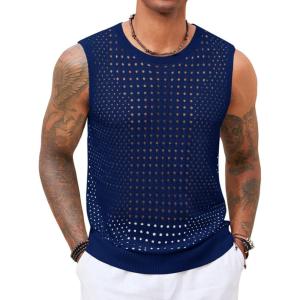 imageRuncati Mens Knit Sleeveless Tank Tops Casual Hollow Out T Shirts Beach Summer See Through TopsNavy Blue
