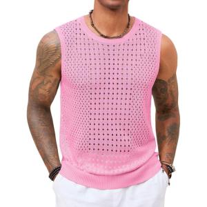 imageRuncati Mens Knit Sleeveless Tank Tops Casual Hollow Out T Shirts Beach Summer See Through TopsPink