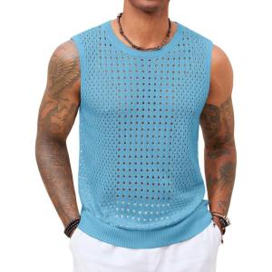 imageRuncati Mens Knit Sleeveless Tank Tops Casual Hollow Out T Shirts Beach Summer See Through TopsSky Blue
