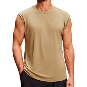 imageRuncati Mens Sleeveless Tank Tops Crewneck Casual Workout Gym Cut Off Muscle Fit T ShirtKhaki