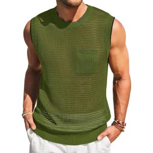 imageRuncati Mens Crochet Tank Tops See Through Knitted Sleeveless TShirts Muscle Summer Beach Hippie Shirts with PocketArmy Green