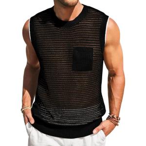 imageRuncati Mens Crochet Tank Tops See Through Knitted Sleeveless TShirts Muscle Summer Beach Hippie Shirts with PocketBlack