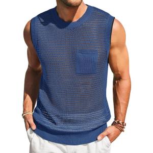 imageRuncati Mens Crochet Tank Tops See Through Knitted Sleeveless TShirts Muscle Summer Beach Hippie Shirts with PocketBlue