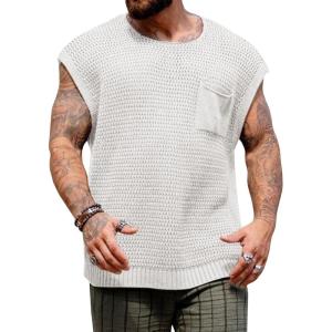 imageRuncati Mens Knitted Tank Tops Casual Crochet Cap Sleeve TShirts Summer Beach Hippie Sweater VestWhite