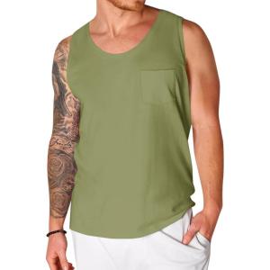 imageRuncati Mens Sleeveless Tank Tops Crewneck Workout Gym Cotton Muscle Pocket T ShirtArmy Green