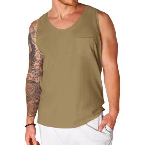imageRuncati Mens Sleeveless Tank Tops Crewneck Workout Gym Cotton Muscle Pocket T ShirtCamel