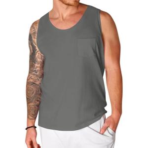 imageRuncati Mens Sleeveless Tank Tops Crewneck Workout Gym Cotton Muscle Pocket T ShirtDark Grey