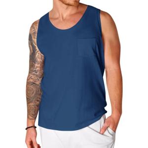imageRuncati Mens Sleeveless Tank Tops Crewneck Workout Gym Cotton Muscle Pocket T ShirtNavy Blue