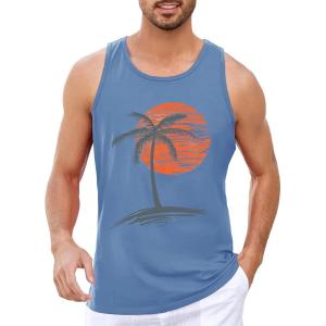 imageRuncati Mens Workout Tank Tops Gym Sleeveless Shirts Palm Tree Vintage Style TShirtLight Blue