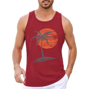 imageRuncati Mens Workout Tank Tops Gym Sleeveless Shirts Palm Tree Vintage Style TShirtRed