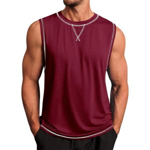 imageRuncati Mens Workout Tank Tops Sleeveless Casual Crewneck Beach T Shirt Muscle Athletic Gym Running TeeBurgundy
