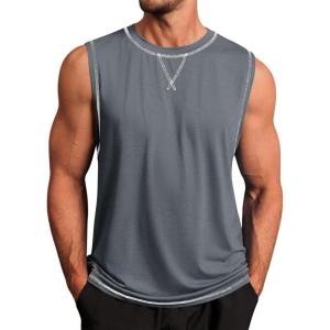imageRuncati Mens Workout Tank Tops Sleeveless Casual Crewneck Beach T Shirt Muscle Athletic Gym Running TeeDark Grey