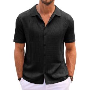 imageRuncati Mens Knit Button Down Shirt Casual Short Sleeve Cotton Polo Shirt Hollow Out Summer Beach TopsBlack